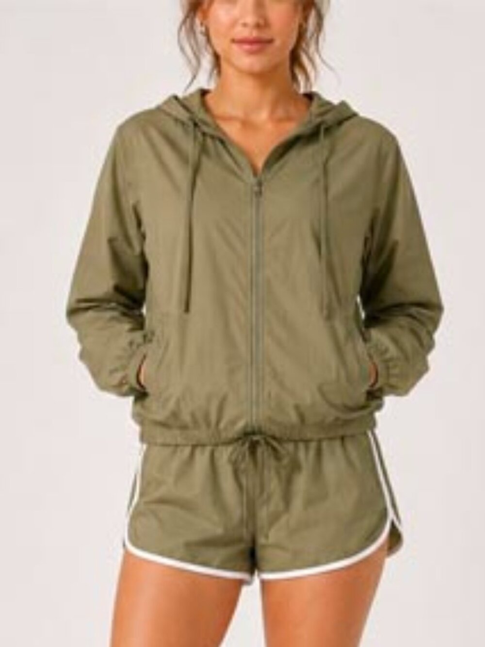Women’s Olive 2-Piece Windbreaker Set | Hooded Zip Jacket & Dolphin Shorts